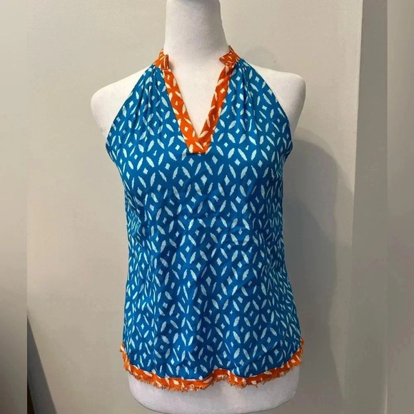 THML Anthropologie Halter Cotton Lightweight Sleeveless Top Orange Blue Sz XS - Picture 2 of 5
